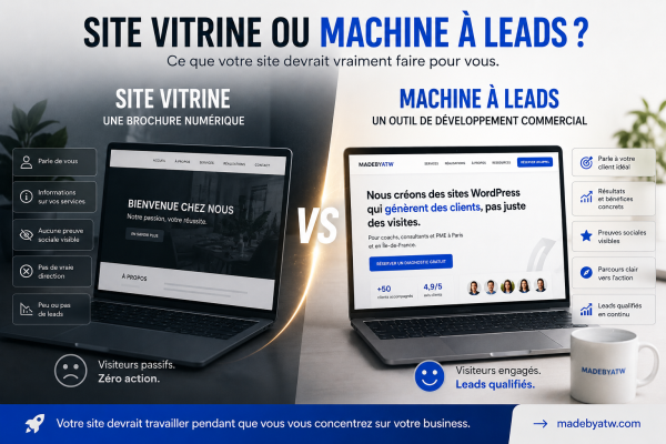 Comparatif site vitrine vs site orienté leads — transformation WordPress par Madebyatwvitrine WordPress en outil de génération de leads qualifiés.